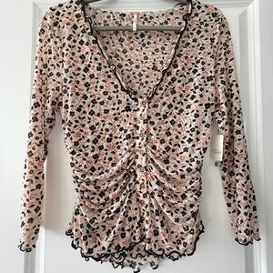 Free People Floral Mesh Ruched Button-Front Top – Size M